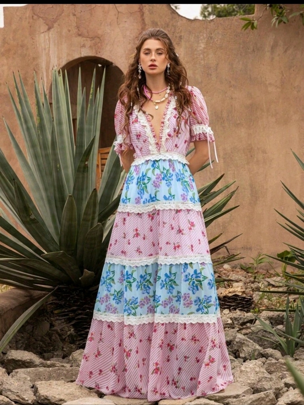 Floral Tiered Maxi Dress in Pink and Blue - Picture 6 of 16